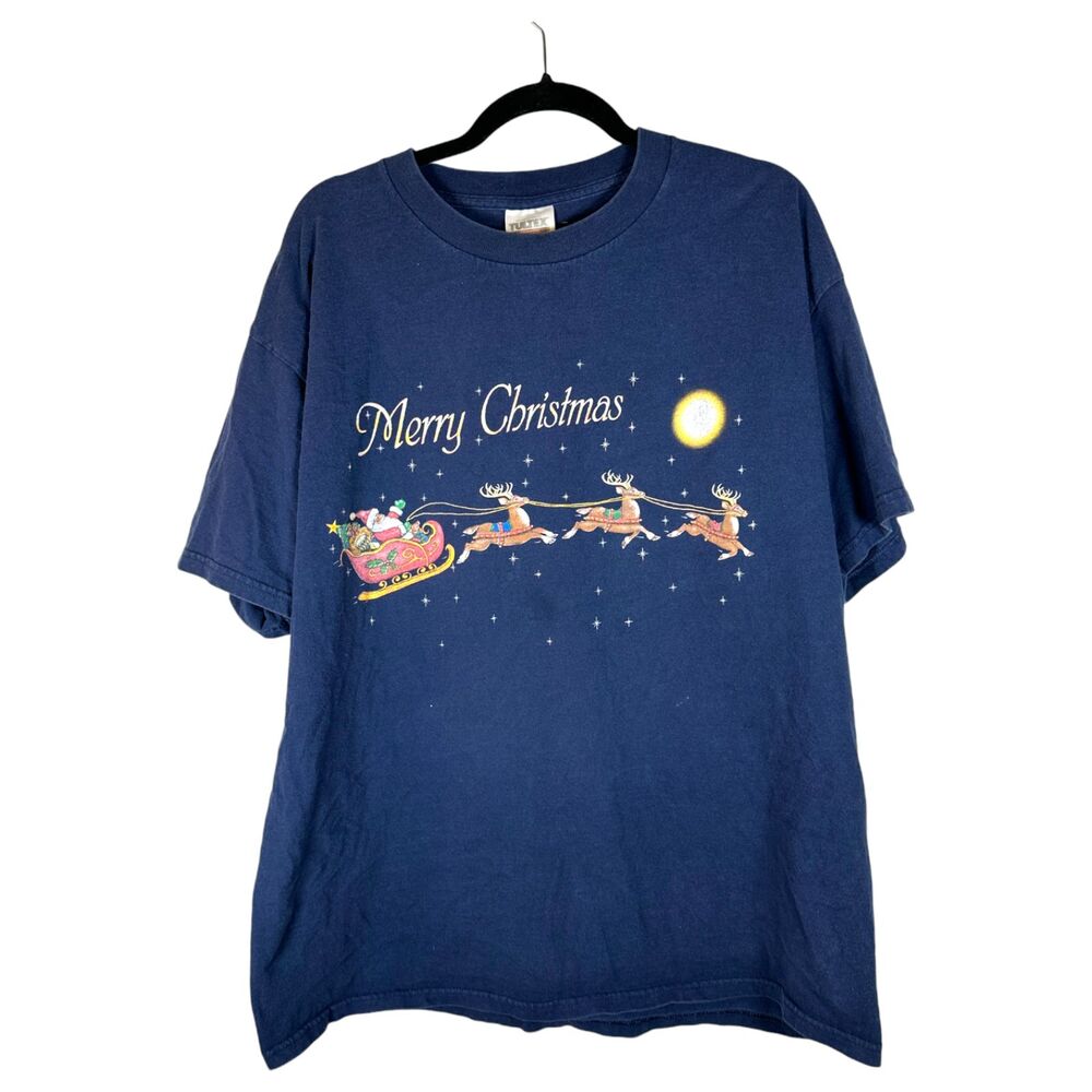 Tultex Vintage Christmas Santa Reindeer Sleigh Short Sleeve Shirt Women's XL